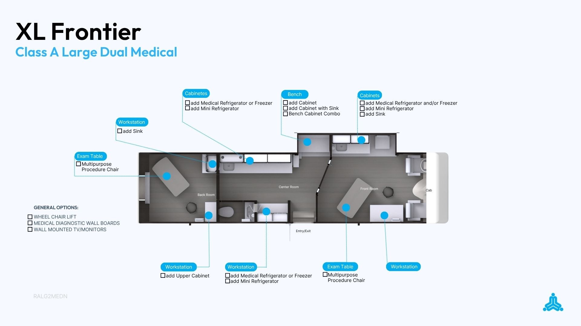 XL Frontier floor plan annotated with configurable options for workstations, cabinets, exam tables, and refrigeration