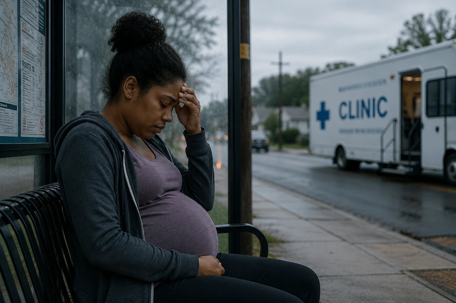 An expectant mother waiting at a bus stop, facing travel barriers to reach maternal care