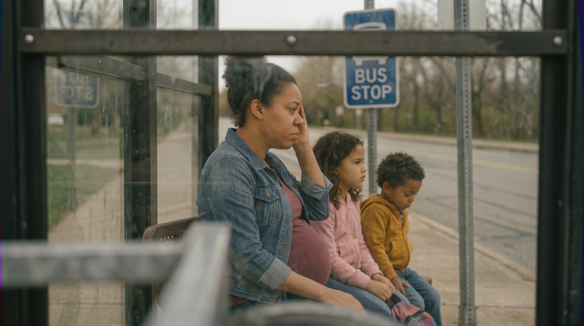 A mother and her children waiting at a bus stop, facing barriers to reaching care