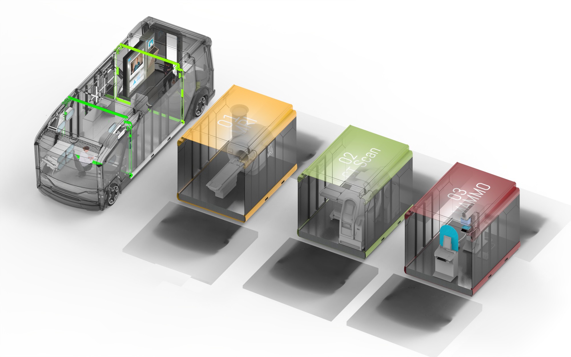 Original concept render: the MARCUS chassis beside three interchangeable modules for MRI, CT, and mammography